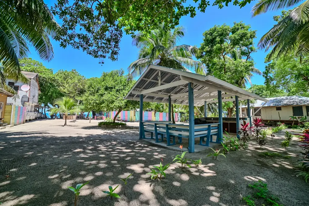 Shaded picnic pavilion on the sand under the palms