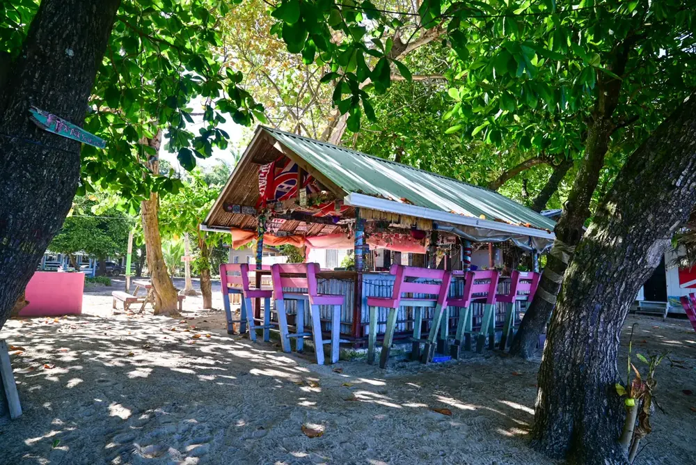 Colorful beach bar shaded by trees on the sand