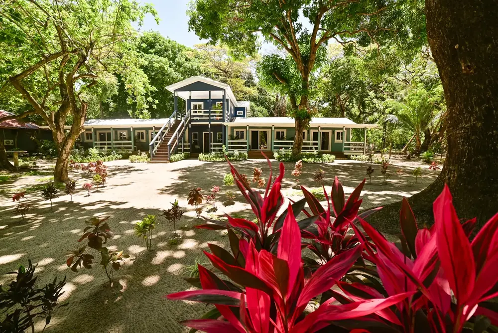 Blue Horizon&rsquo;s main building in Caribbean blue, surrounded by tropical gardens