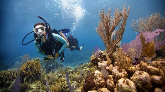 A woman scuba diving over a colorful coral reef with sea fans, a dive buddy behind her